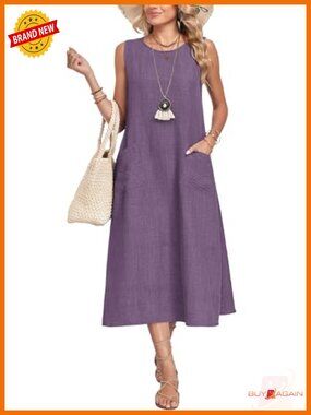 Sleeveless Crewneck Midi Sundress with Pockets for Summer